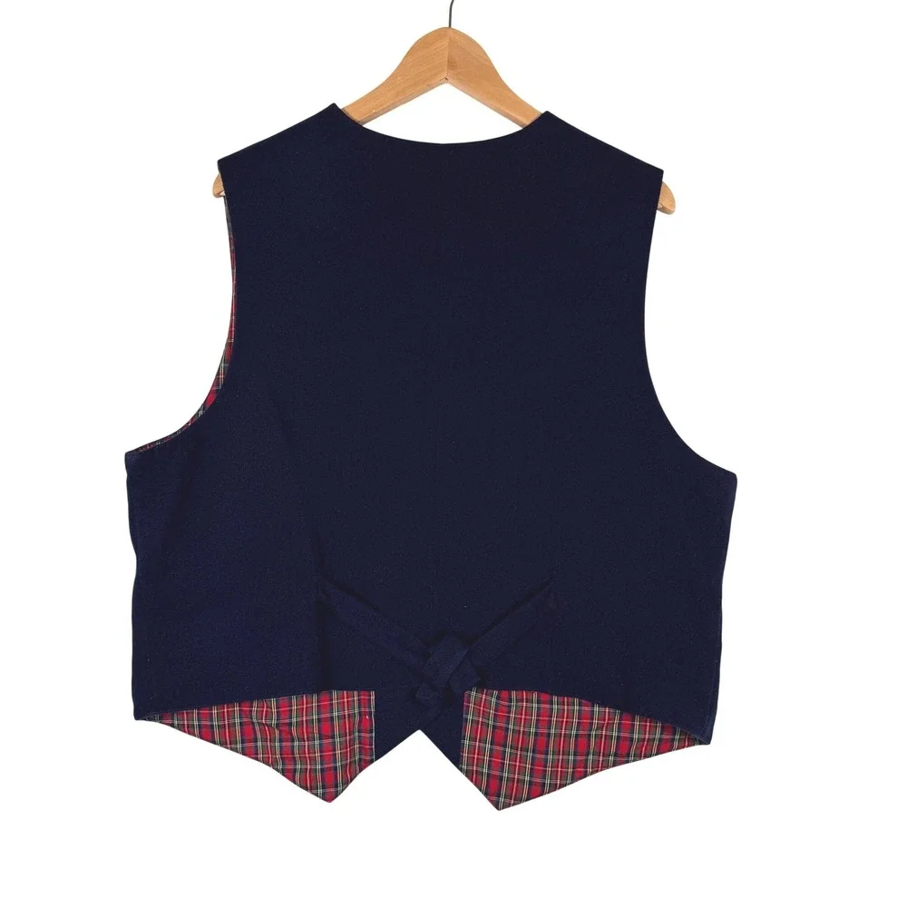Karen Scott Vintage Christmas Vest Navy Blue Embroidered Topiary Plaid Lined XL - Picture 2 of 5